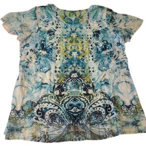 Time And Tru Top Boho‎ Print Rhinestones Short Sleeves Lightweight Women…